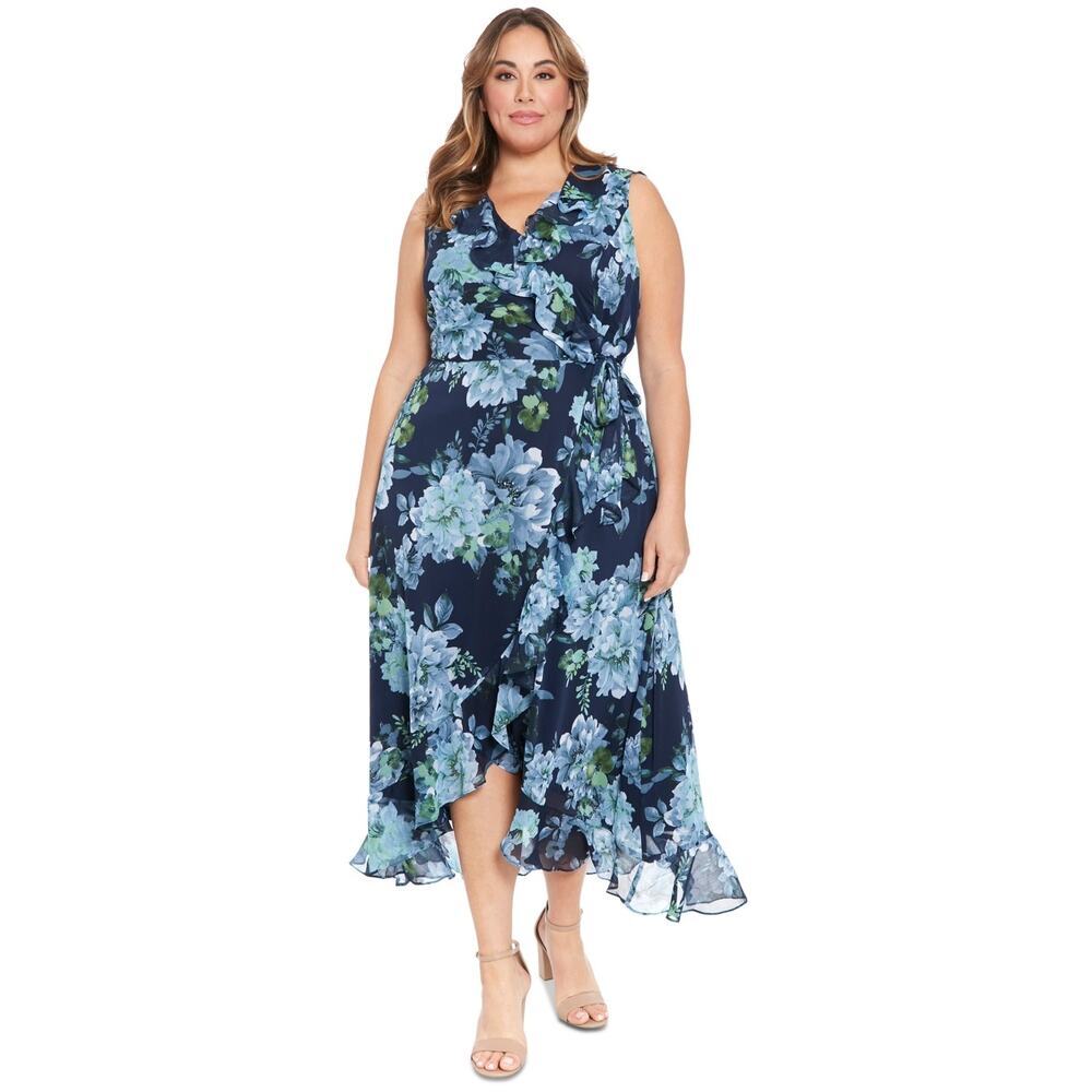 London Times Floral Ruffled Tired Chiffon Maxi Dress Blue Size 18W Plus NWT